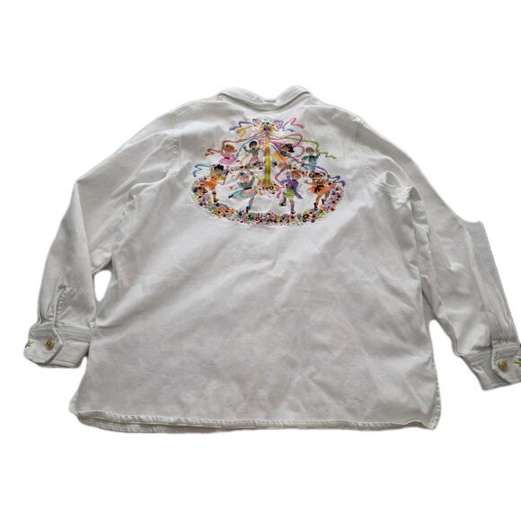 Bob Mackie White Denim Maypole Dancing Midsummer Floral Shirt Sz XL Embroidered - Picture 11 of 15